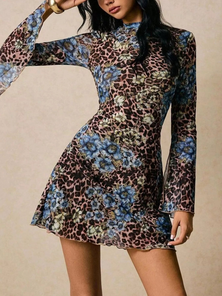 Dress with floral and leopard print pattern on a beige background