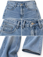 A four-panel close-up collage of light blue denim jeans showing the front waistband, pocket detail, button closure, and fabric texture on a white background.