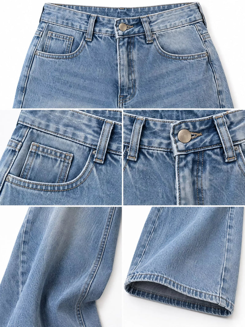 A four-panel close-up collage of light blue denim jeans showing the front waistband, pocket detail, button closure, and fabric texture on a white background.