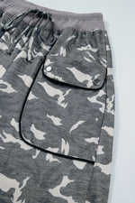 Gray camouflage pants with a pocket on a light gray background