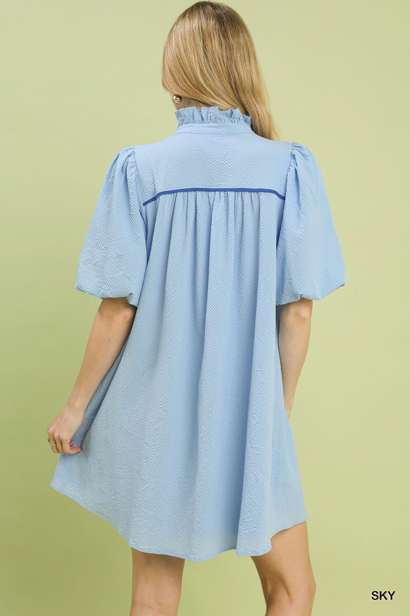 Woman wearing a light blue dress against a green background
