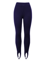 Navy blue leggings with white accents on a white background