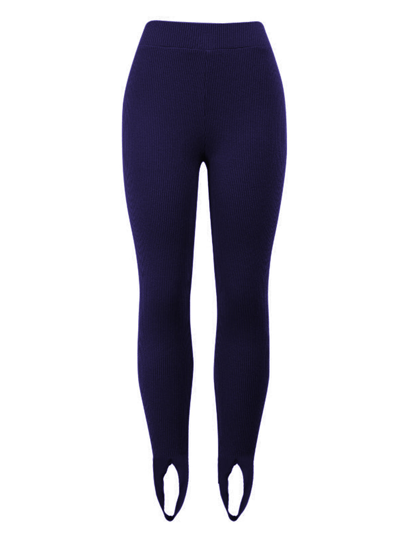 Navy blue leggings with white accents on a white background