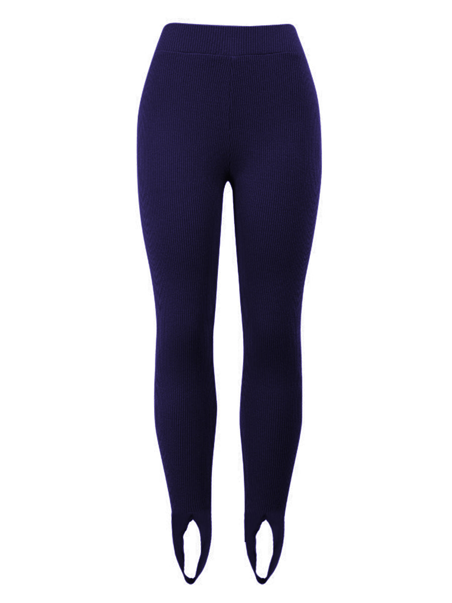 Navy blue leggings with white accents on a white background