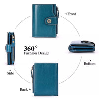 Blue wallet shown from multiple angles with labels indicating front, side, back, and bottom views.