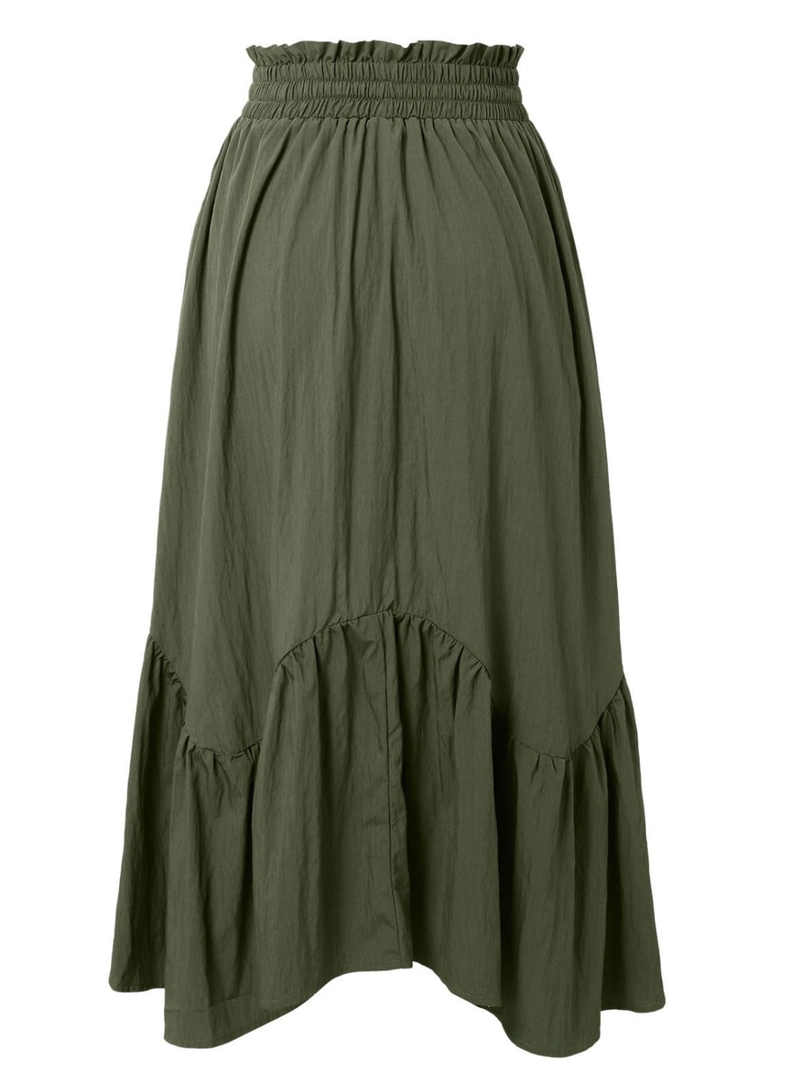 Back view of green Smocked Waist Band Ruched Layered Skirt