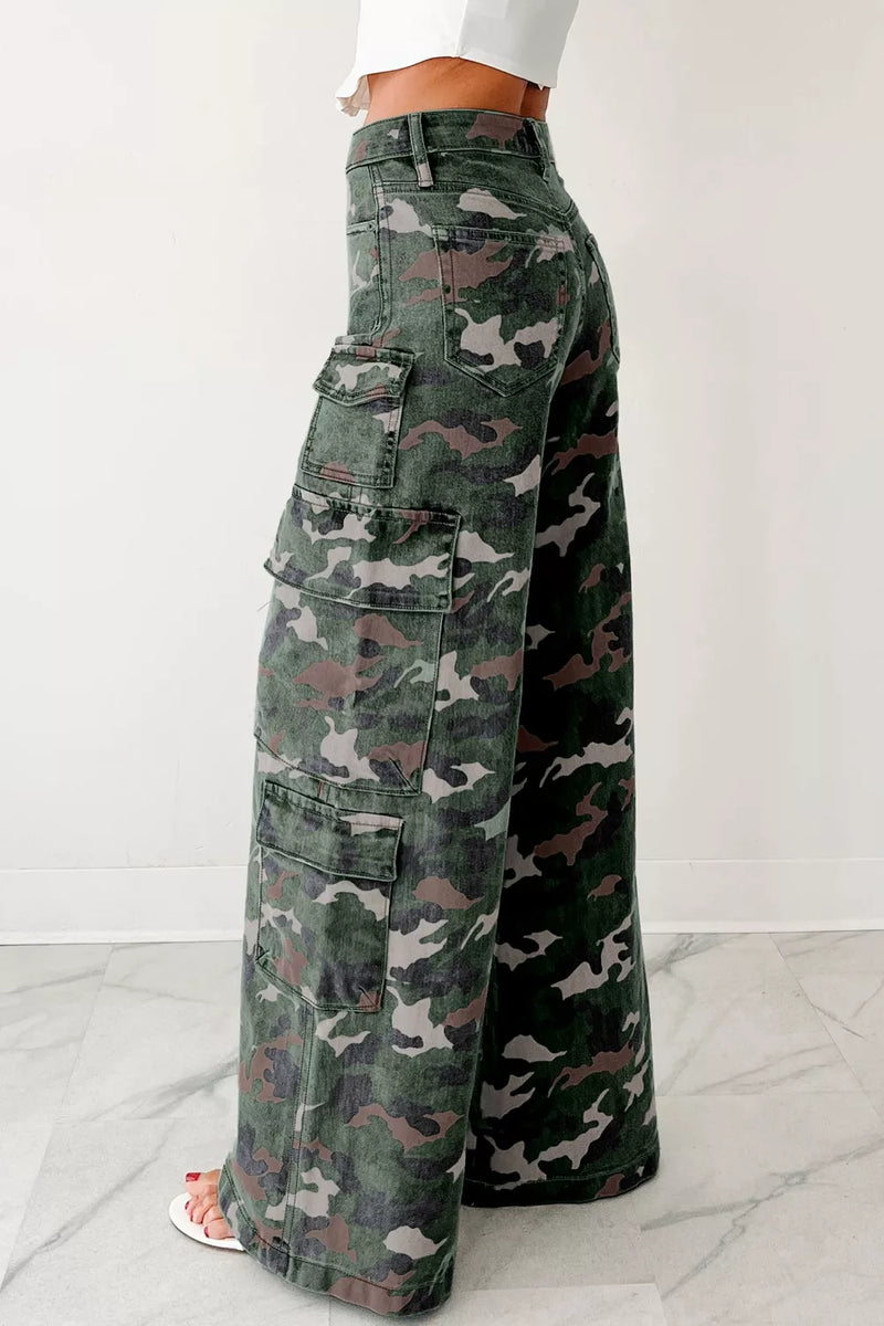 Camouflage cargo pants worn by a person on a white background