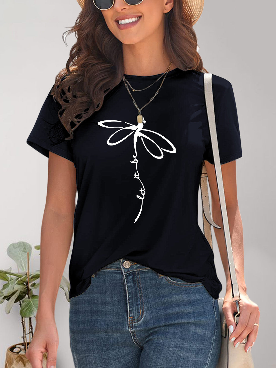 Black Dragonfly Graphic Round Neck Short Sleeve T-Shirt