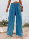 Women Trousers Smocked High Waisted Wide Leg Pants With Pockets