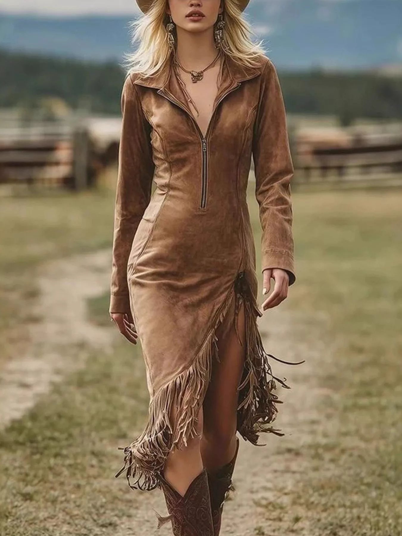 Woman wearing a brown suede dress with fringe in a rural setting