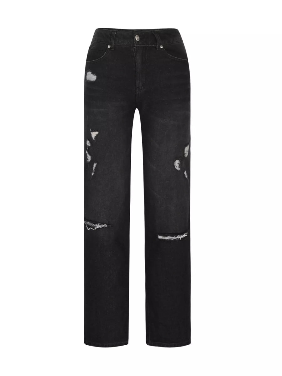 Black distressed jeans on a white background