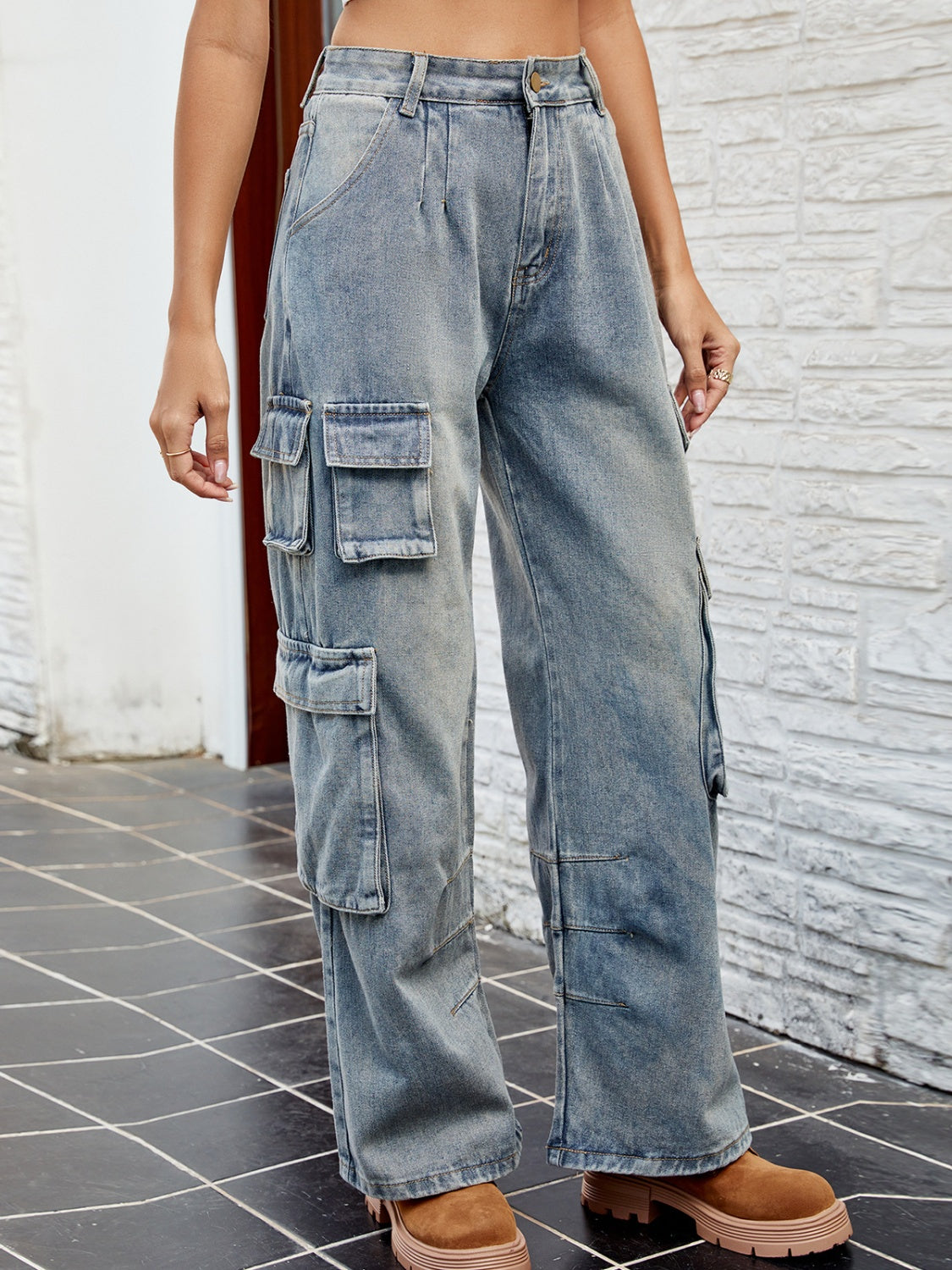 Front view of Women Washed Cargo Jeans with Pockets