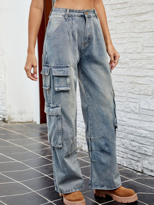 Front view of Women Washed Cargo Jeans with Pockets