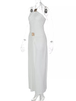 close up View of Backless Ruched Halter Neck Maxi Dress on a mannequin 