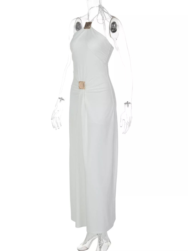 close up View of Backless Ruched Halter Neck Maxi Dress on a mannequin 