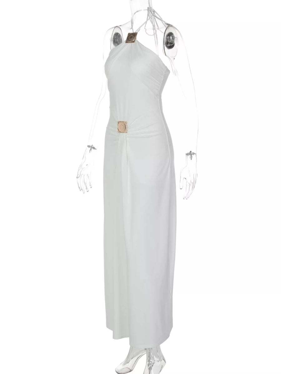 close up View of Backless Ruched Halter Neck Maxi Dress on a mannequin 