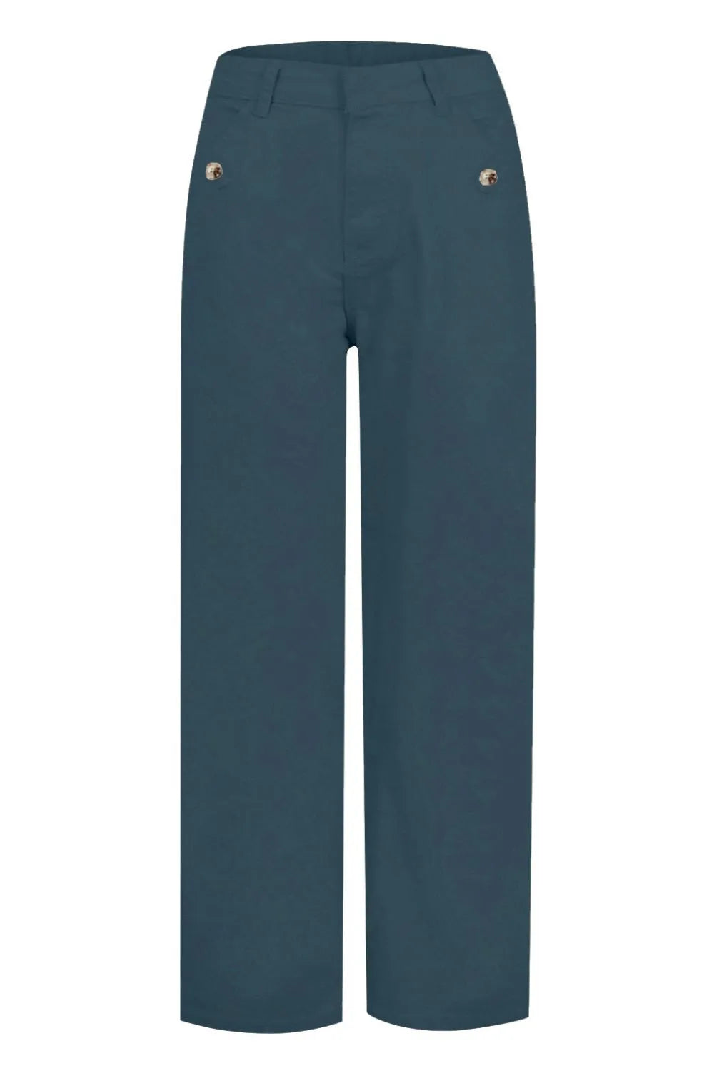 Teal pants with gold buttons on a white background