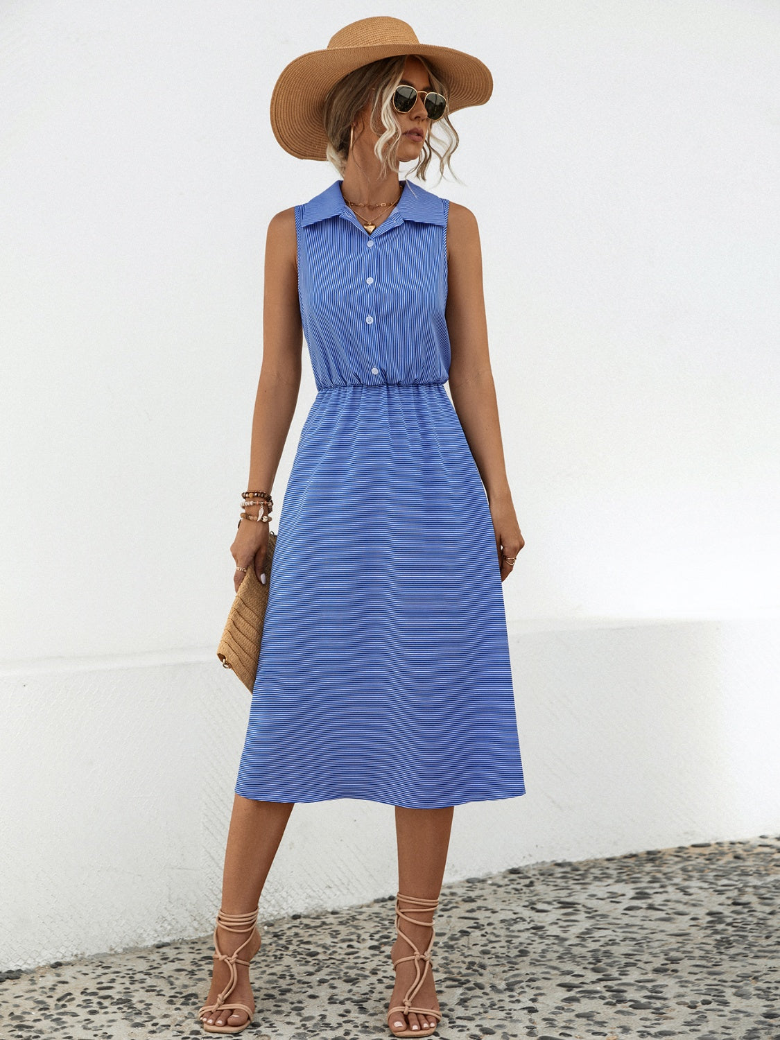 Blue Striped Collared Neck Sleeveless Midi Dress