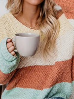 Close up of Color Block Round Neck Long Sleeve Sweater