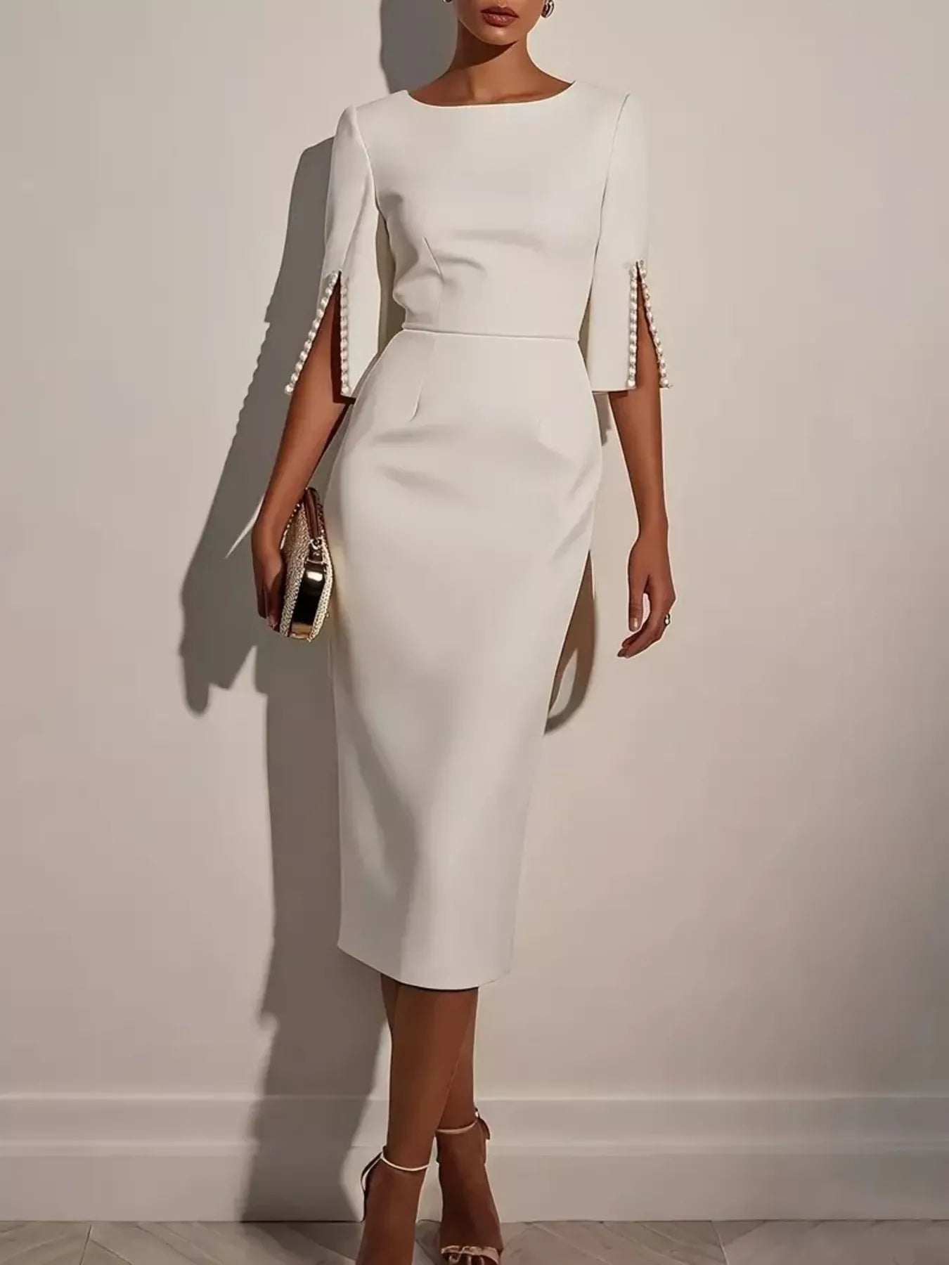 White dress with embellished sleeves on a plain background