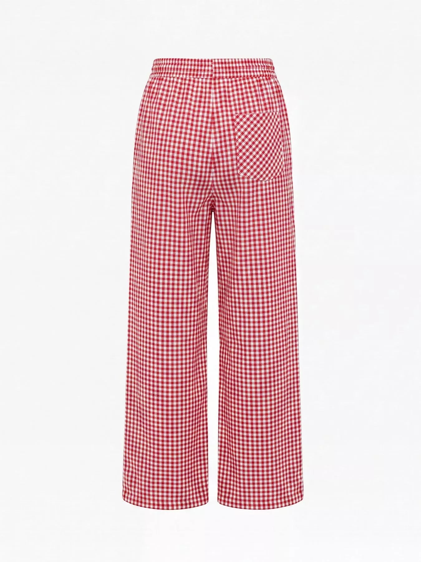 Back view of High-Waisted Gingham Wide-Leg Drawstring Pants For Women