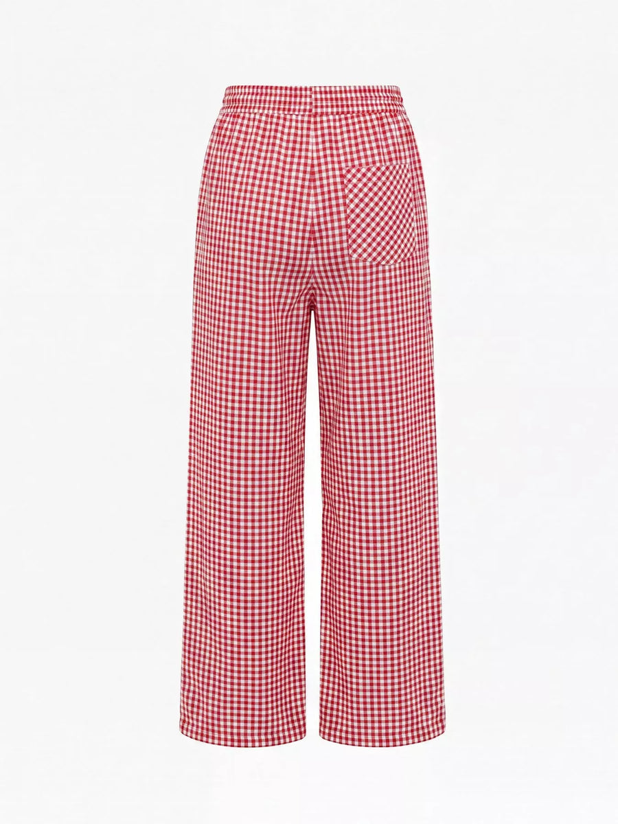 Back view of High-Waisted Gingham Wide-Leg Drawstring Pants For Women