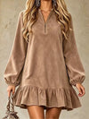 Quarter-Zip Ruffle Hem Mini Dress For Ladies
