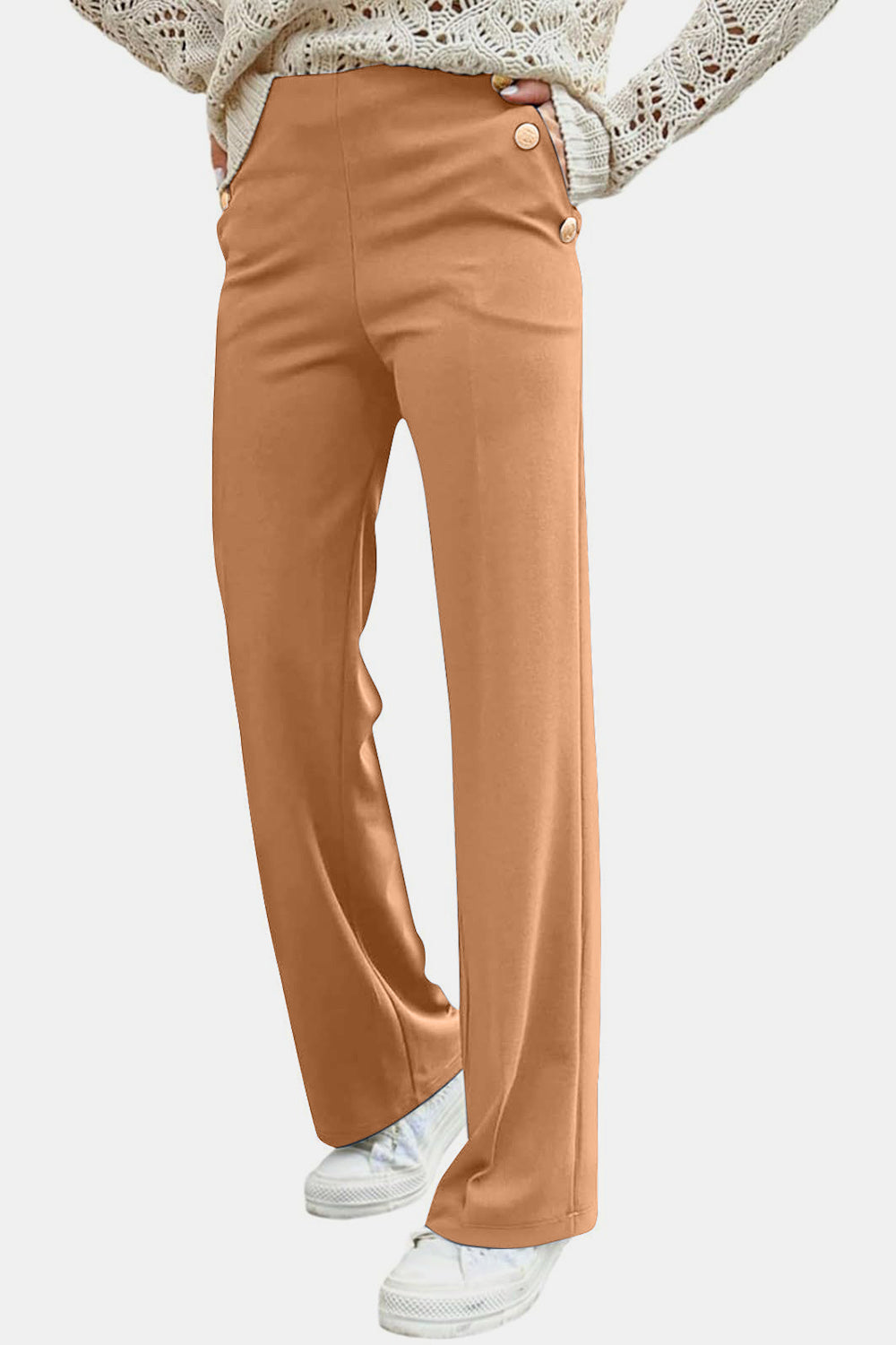 Beige Decorative Button High Rise Pants