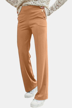 Beige Decorative Button High Rise Pants