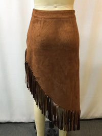 Brown suede skirt with fringe on a mannequin against a plain background