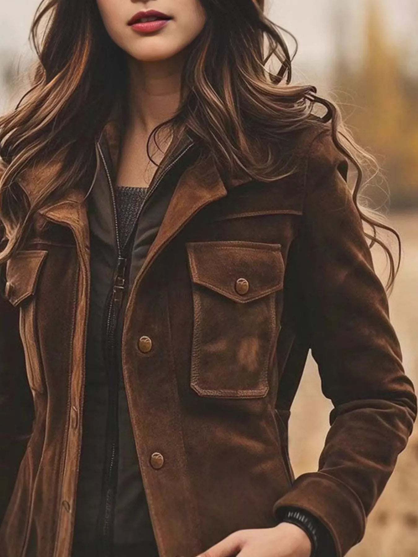 Close-up of a person wearing a brown leather jacket with a blurred natural background