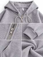 A gray zip-up hoodie shown in a four-panel detail collage, highlighting the hood, front zipper, ribbed cuff, and soft fabric texture.