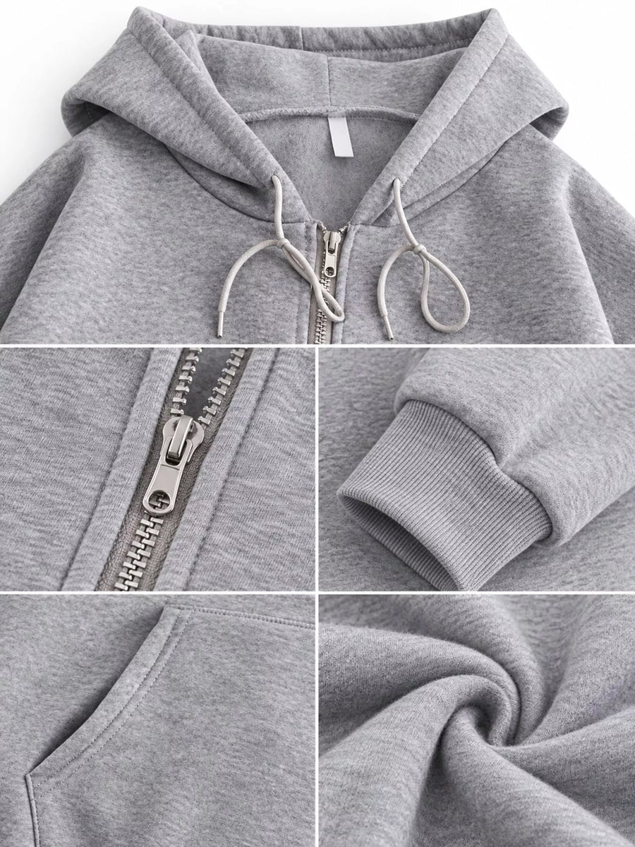 A gray zip-up hoodie shown in a four-panel detail collage, highlighting the hood, front zipper, ribbed cuff, and soft fabric texture.