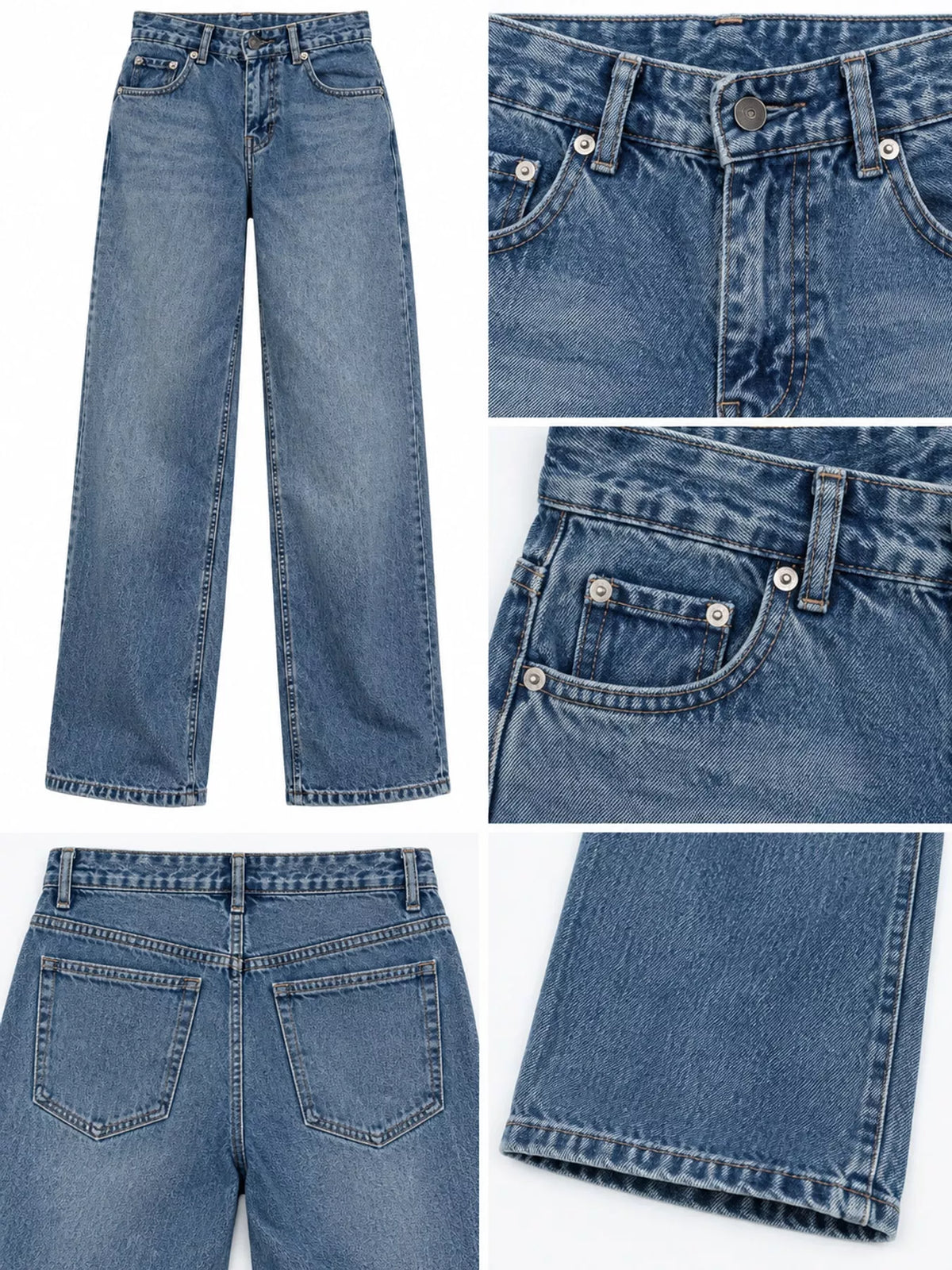 A multi-view product collage of a pair of medium-wash blue denim jeans, showing the front, back, waistband detail, pocket detail, and hem close-up on a white background.