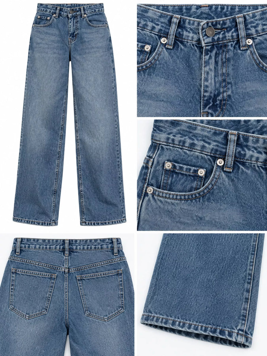 A multi-view product collage of a pair of medium-wash blue denim jeans, showing the front, back, waistband detail, pocket detail, and hem close-up on a white background.