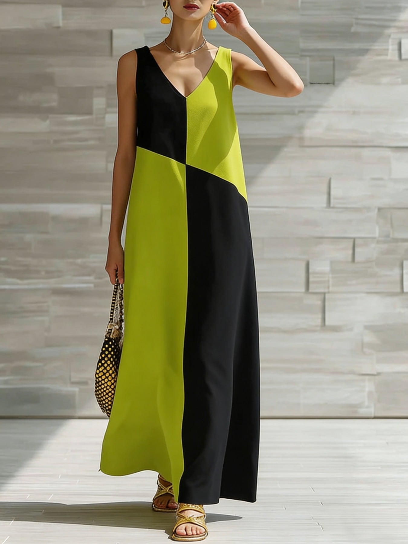 Woman wearing a black and yellow dress against a stone wall background