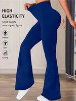 Blue leggings being worn with text highlighting high elasticity and suitability for activities like jogging, gym, and cycling.