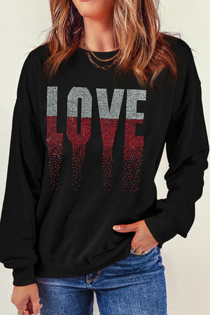 Full view of Rhinestone LOVE Round Neck Long Sleeve Sweatshirt