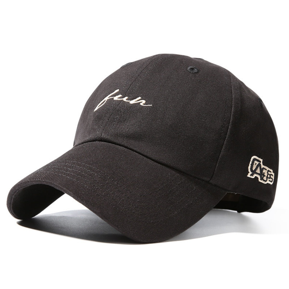 Black cap with white text and logo on a white background