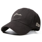 Black cap with white text and logo on a white background
