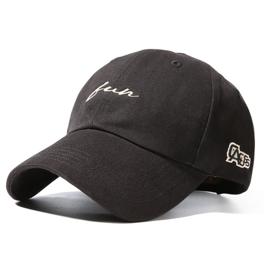 Black cap with white text and logo on a white background