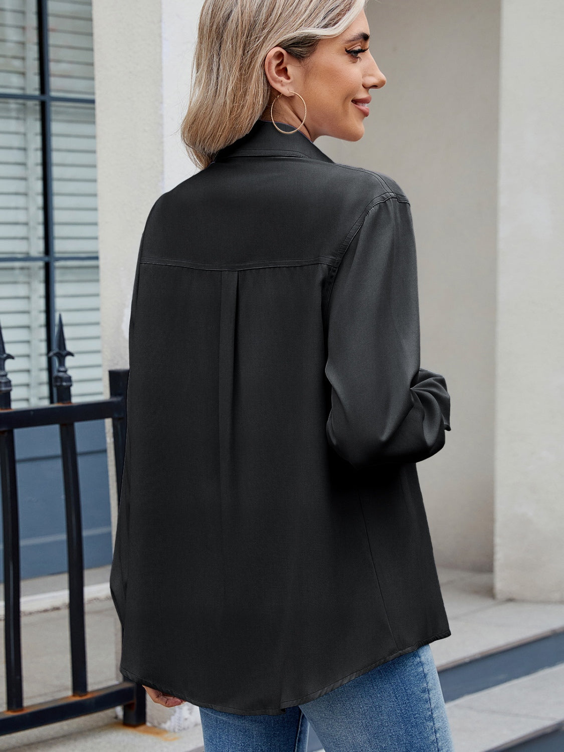 Back view of black Solid Color Collared Neck Long Sleeve Shirt