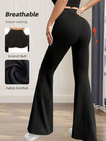 Black flared leggings worn by a person, with text on breathability and features.