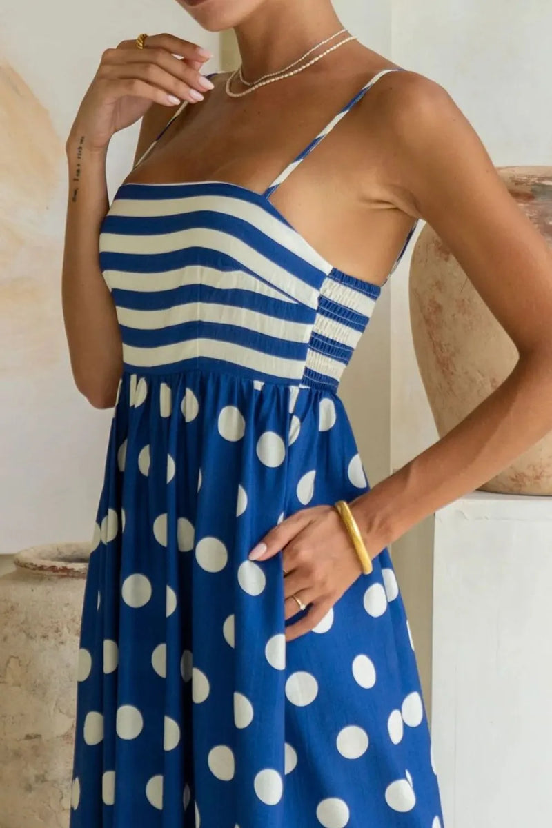 Side view of blue Polka Dot Square Neck Cami Dress