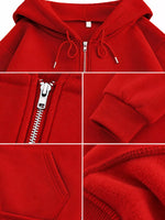 A red zip-up hoodie shown in a four-panel detail collage, highlighting the hood with drawstrings, the front zipper, the ribbed cuff, and a side pocket.