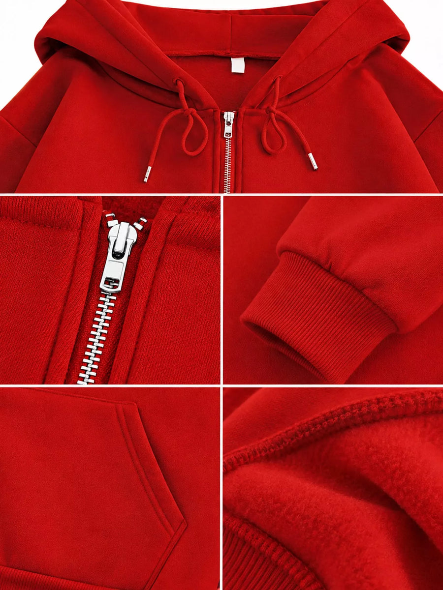 A red zip-up hoodie shown in a four-panel detail collage, highlighting the hood with drawstrings, the front zipper, the ribbed cuff, and a side pocket.