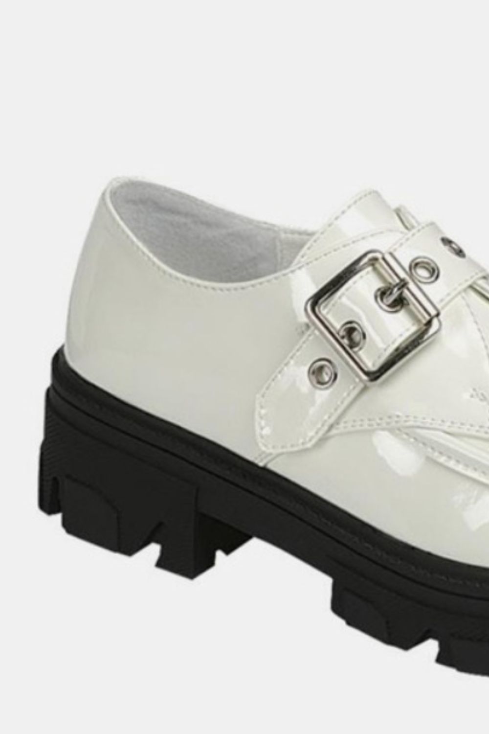 Close up view of buckle on Forever Link Buckled Platform Lug Sole Loafers