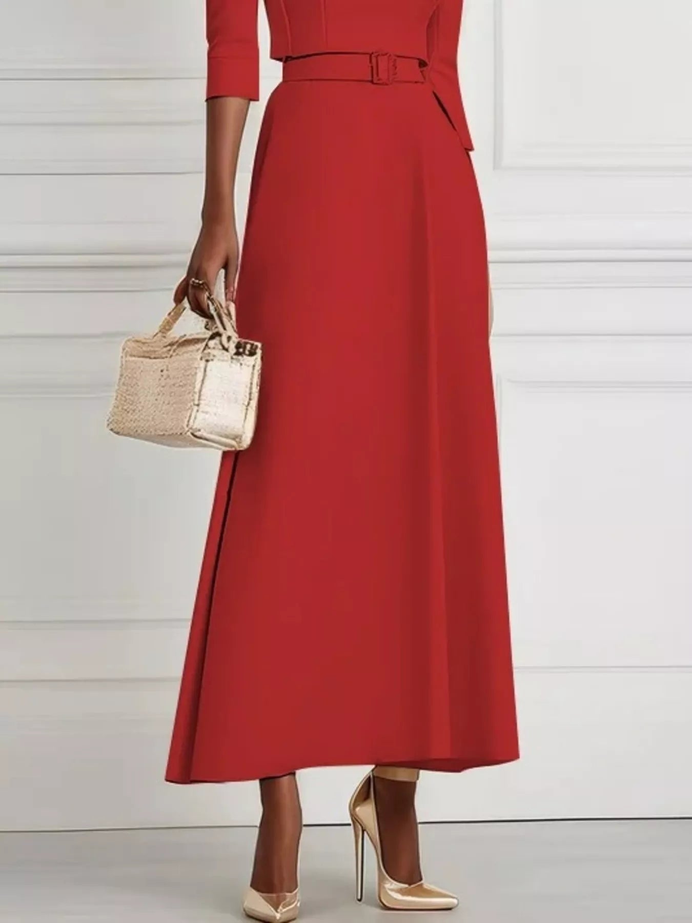 Person wearing a red dress holding a small handbag on a light background