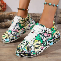 Colorful patterned sneakers on a wooden floor