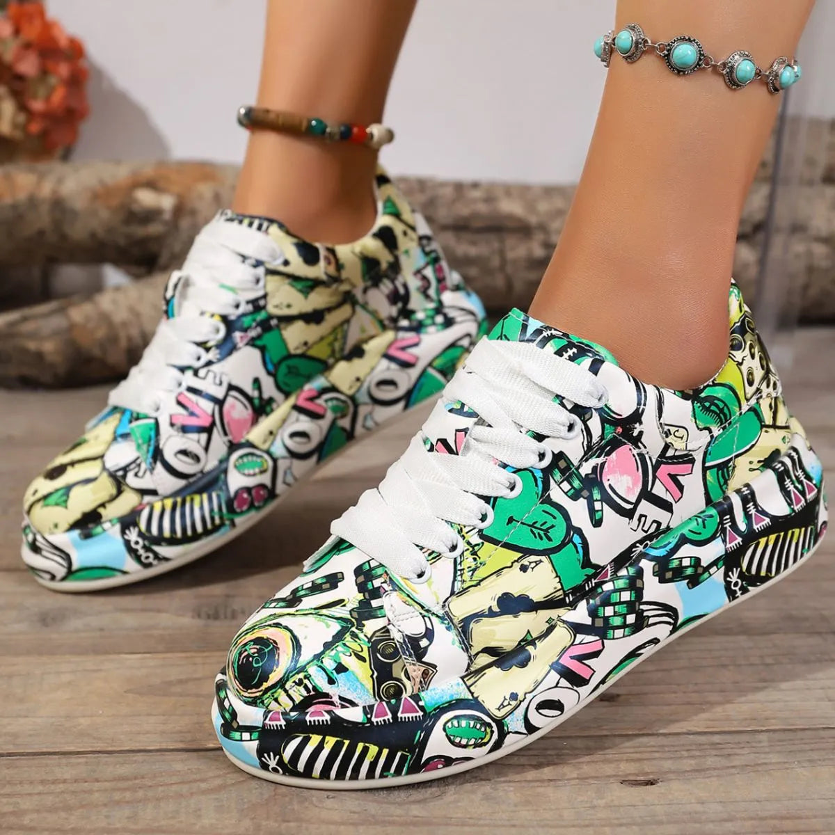 Colorful patterned sneakers on a wooden floor